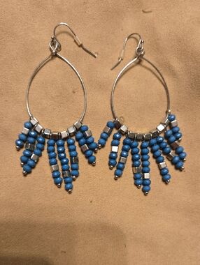 Blue Beaded Fringe Teardrop Earrings - Women Jewelry